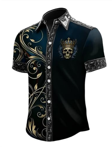 Caxndycing Costume d'Halloween pour homme - Motif tête de mort - Impression graphique - Chemise de festival - Vintage - Chemise à manches courtes - Streetwear - Y2K - Chemise de pêcheur - Chemise