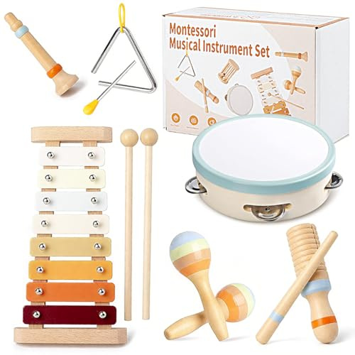 Strumenti musicali Montessori 8 in 1 per bambini da 1 anno in legno – Xilofono Tamburo Triangolo Maracas Flauto Tubo sonoro – Giocattolo educativo Baby Giocattolo musicale Batteria Giocattolo per