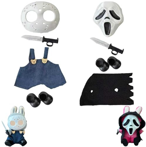 Halloween Clothes for Labubu, Halloween Scary Mask for 15-17cm Doll Accessories, Cute Halloween Costumes Set Included Mask, Outfit, Shoes, Knife