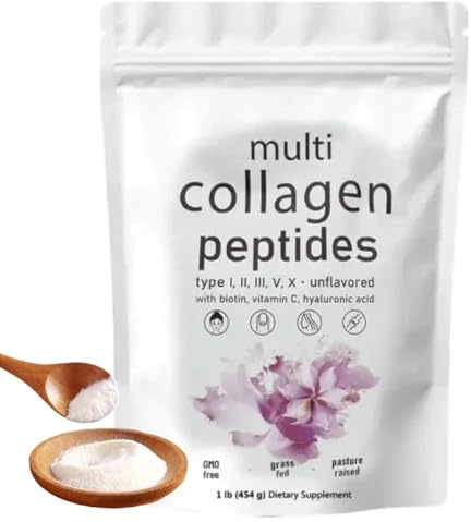Multi Collagen Complex Peptides Powder, Types I II III V X, with Biotin, Unflavoured, GMO Free, Grass Fed, 454g