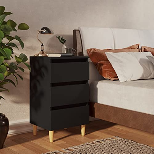 Ordellia Mesita de noche negra, patas de eucalipto de madera maciza, 3 cajones, mesa auxiliar escandinava, estable y robusta, mesita de noche para dormitorio, salón, 40 x 35 x 69 cm