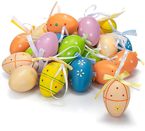 com-four® 24x handbemalte Ostereier zum Aufhängen 6 cm - Osterdeko mit tollen Mustern - Deko Ostereier aus Kunststoff - [Auswahl variiert] (Mix orange/grün - 01)