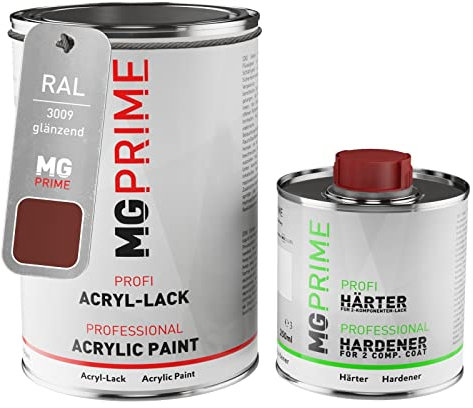 MG PRIME RAL 3009 Rouge oxyde/Oxide red brillant peinture acrylique 1,5 Litres / 1500 ml durcisseur inclus