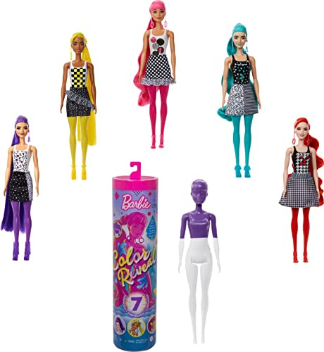 Barbie GTR94 - Color Reveal-Puppe mit 7 Überraschungen: tolle Accessoires (Haarteil, Rock, Schuhe und Ohrringe); Wasserenthüllungseffekt; Farbenblock-Serie; Spielzeug Geschenk für Kinder ab 3 Jahren