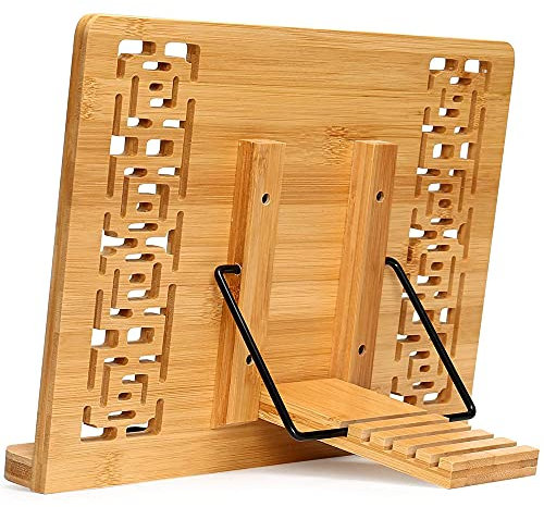 ANCLLO Bamboo Book Stand with Retro Hollow Elegant Pattern Adjustable Book Holder Cookbook Stand Desk Document Holder