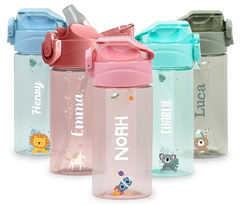 BIENMARQUER - Gourde Personnalisable pour Enfant avec Paille - Convient pour l'Ecole Primaire et Maternelle - Gourde avec Bouchon Anti-Fuite - Résistante au lave-vaisselle - 450mL (Rose Clair)