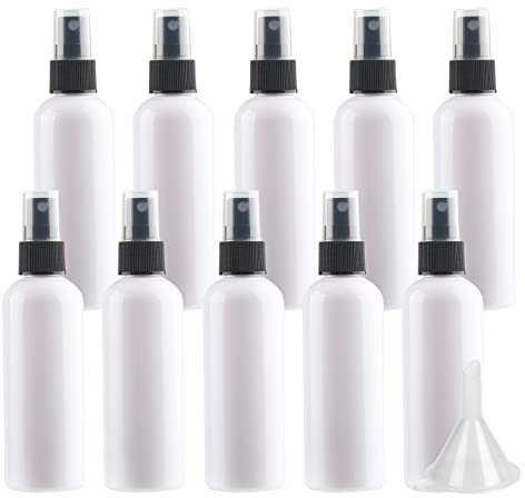 LusDoly 10 Stück, 100ml Weiß Plastik Kunststoff Sprühflasche Mit Schwarz Sprüher Nachfüllbar Sprühflaschen Leer für Parfümzerstäuber Zerstäuberflasche Reise Flakons