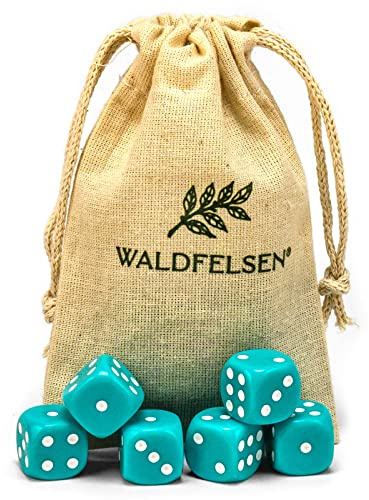 Waldfelsen® Högkvalitativa tärningar, 6, 12, 20, 30 eller 50 stycken, i standardstorlek: 16 mm, 6-sidiga akryltärningar, speltillbehör, i set med tygpåse (turkos, 6 stycken)