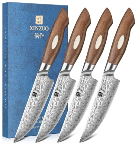 XINZUO 4-Teilig Steakmesser Set, 67 Schichten Damaststahl cm Besteckmesser, Japanischer AUS-10 Stahl Hochwertige Tafelmesser Küchenmesser -Schwarz Walnuss Holzgriff -mit Schöner Geschenkbox
