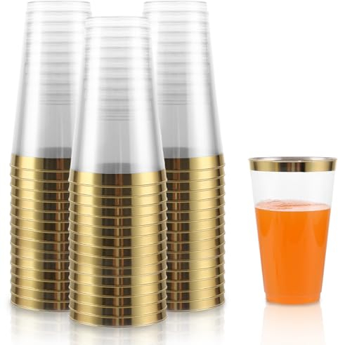 LOLYSIC 50 Stück Plastikbecher, 450ml Kunststoff Becher, Wiederverwendbare Trinkbecher Elegante Party Weingläser, Weingläser mit goldem Rand für Cocktail, Champagner, Bier, Getränk, Dessert