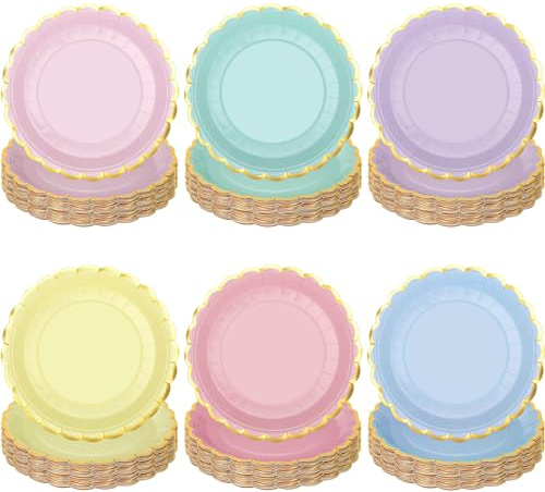 peony man 48 Pcs Pastel Scalloped Paper Plates Disposable Macaron Party Plates 9 Inch Gold Edge Colorful Dinner Plate Pastel Rainbow Dessert Plate for Wedding Birthday Baby Shower Party Supplies