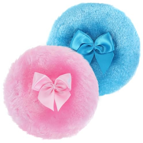 Sibba Large Fluffy Powder Puff, 4 Inch Ultra Soft Washable Reusable Velour Face Body Powder Puff Loose Powder Puffs Wet Dry Makeup Tool (Pink&Blue)
