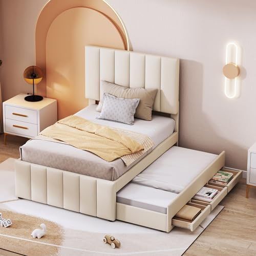 Sängklädselsäng 90 x 200 cm med utdragbar säng och 3 förvaringslådor, hudvänlig linnestoppning, elegant design, perfekt för barn-, ungdoms- och gästrum, robust och utrymmesbesparande, beige.
