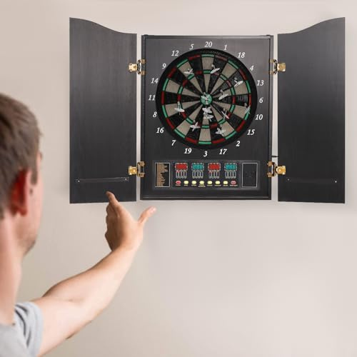 Elektronisk darttavla skåp darttavla, elektronisk darttavla med 12 dartpilar och 88 pilhuvud, 27 spel, 243 spelalternativ, elektroniskt skåp, darttavla, 4 LED-displayskåp, svart