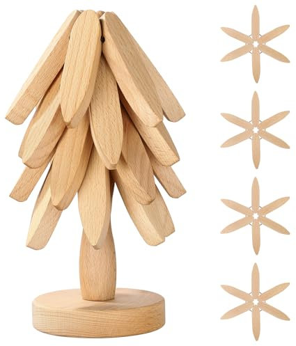 Markcco Sottopentola in legno per piatti caldi, set di 4 sottopentola in legno + 1 supporto per riporre come un albero di Natale, sottopentola in legno di faggio per pentole calde, padelle, ciotole