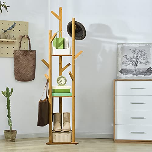 RUETERY Porte-manteaux autoportant en bambou - 3 étagères et 8 crochets - Pour chapeaux, sacs, chaussures, chambre à coucher, bureau - 165 x 40 x 40 cm