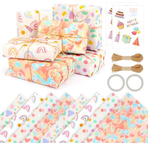 OWill 8 Sheets Gift Wrapping Paper, Wedding Birthday Wrapping Paper, Recyclable Wrapping Paper Sheets, Presents Gift Wrap Paper with Sticker String Tape, 70x50cm Eco Friendly Paper for Gift Wrapping