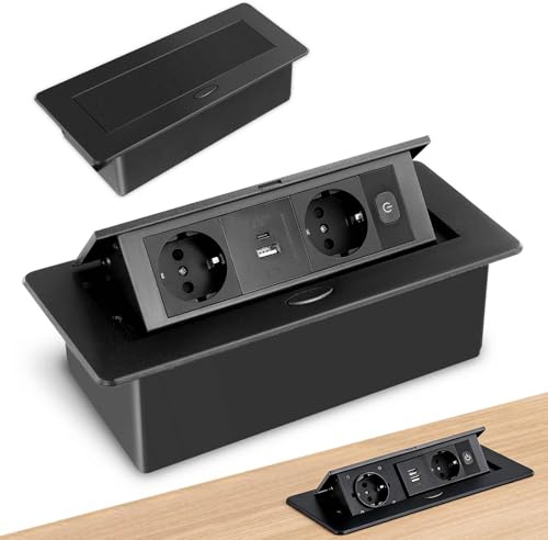 Aluminium Einbausteckdose, versenkbar, für Küchen, Büros, Besprechungsräume, Steckdosenleiste, USB C PD20W, 2 Euro-Steckdosen mit 2 USB-Ports