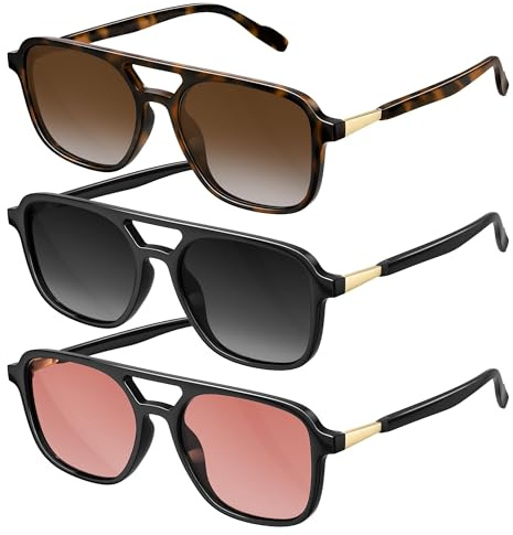 konqkin Retro Aviator Sunglasses for Women Men:Polarized Trendy Vintage 70s Rectangle Mens Womens Shades Sun Glasses UV Protection (Brown+Grey+Pink,54mm)
