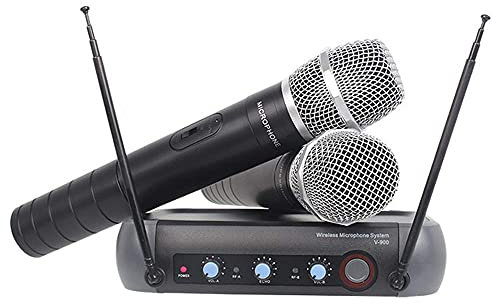 Dubbelt trådlöst mikrofonsystem, UHF professionell trådlös dynamisk mikrofonuppsättning med 2 handmikrofoner, hem KTV för karaoke, möte, scen, kyrka, evenemang i