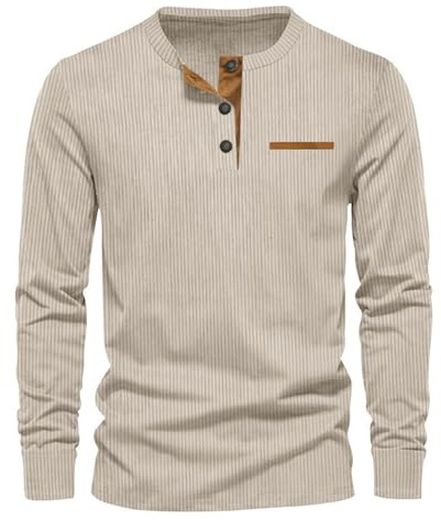 UHouse Henley Homme Manche Longue Col Tunisien Vêtements Tennis Haut Fin Cut Habit Sport T-Shirts Casaul Tshirt Golf Teeshirt Mode Tee Shirt Beige 3XL