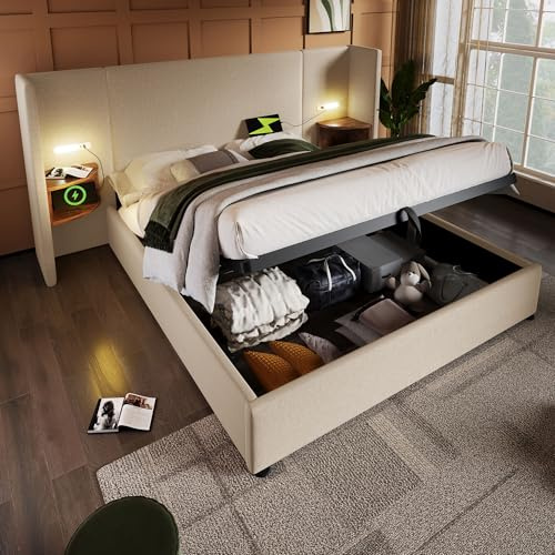 Sängklädsel, dubbelsäng, 160 × 200 med nattduksbord, lä och USB Type-C-laddningsfunktion, sängsystem, förvaringssäng, sängram med ribbotten av massivt trä och metall, beige, linne (utan madrass)