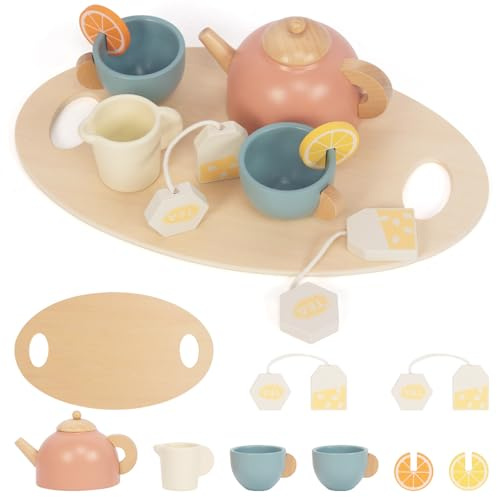 WOODENFUN Wooden Tea Set for Little Girls Pretend Play Food Set for Kids