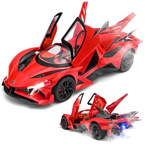 RZAPE Spray Project EVO Toy Cars 1/24 Diecast Cars Metal Car Carros De Coleccion,Model Car Kits for Adults and Boys,Pull Back Car with Lights and Sounds,Spray Toy Cars for Boys Age 3-12（Red）