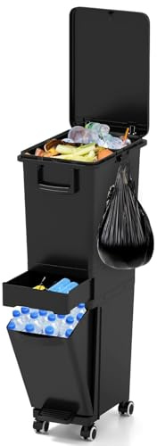 LIFEZEAL 32L Pattumiera Differenziata a 3 Scomparti, 1 Cassetto, Pedale, 4 Ruote, Maniglia, Ganci, Coperchio, Bidoni Interno, Cestino Spazzatura, Secchio Rifiuti, Raccolta Differenziata Cucina (nero)