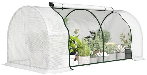Outsunny Gewächshaus mit Gitterfolie, Winterfest Foliengewächshaus aus Stahl, Treibhaus für Balkon, Garten, Tomatenhaus 200 x 100 x 80 cm, Tomatengewächshaus für Tomaten, Gemüse, Weiß