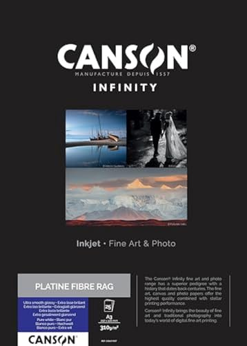 CANSON Infinity Platine Fiber Rag Ultra Smooth Glossy 310 gsm A3-papper, digitala mörkrumspapper, 25 rena vita ark, perfekt för professionella fotografer