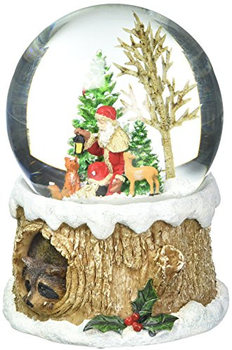 Glitterdomes 100mm Musical Glitter Dome, Features Santa with Woodland Animals on a Tree Like Base with a Racoon Peeking Out, 5.75-Inch