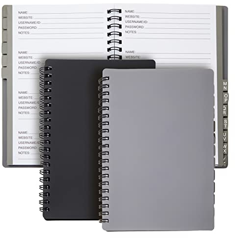 Juvale Passwortbuch mit ABC-Register, Organizer für Webseiten, Nutzernamen, Passwörter (14,7 x 18,5 x 1 cm, Grau und Schwarz, 2 Stück)