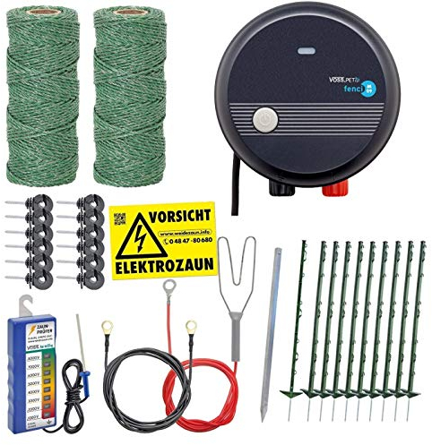 Hundezaun Komplettset 100m Elektrozaun, ideal für Einzäunungen in Ihrem Garten, mit umfangreichem Zubehör, anschlussfertig mit 300m grüner Weidezaunlitze und Zaunprüfer, 20 grüne Pfähle 105cm