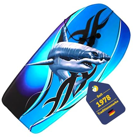 BEST SPORTING Bodyboard Kinder – Leichtes Surfbrett für Strand, Meer & Schwimmbad | 92 x 46 x 5 cm | In verschiedenen Designs | Inkl. Leash für sicheren Halt (Shark)