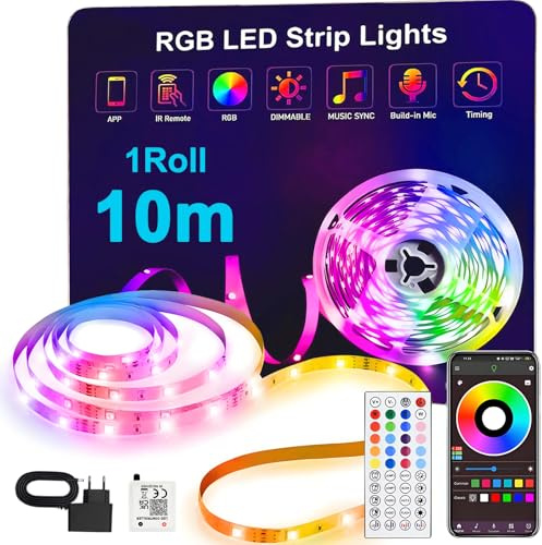 ONSTUY LED Remsa 10m,LED List med Smart Appstyrning,16 Miljoner Färger,Dimbar,Färgförändring,Kapbar,10m RGB Flexibel Ljusstrips med Controller Sync to Music Lämplig för Sovrum,Fest och Heminredning