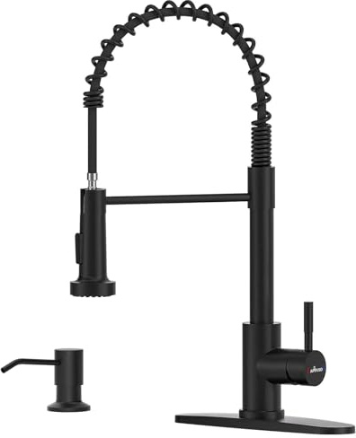 APPASO Black Kitchen Faucet with Soap Dispenser and Pull Down Sprayer, Lead-Free SUS304 Stainless Steel Commercial Single-Handle Spring Faucet for Kitchen Sink, Matte Black (CUPC-Certified Parts)