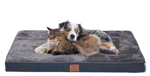 Orthopädisches Premium Hundebett mit Egg Foam, extra Trageschlaufe, Wasserdichter Innenbezug, Hundesofa, Hundekissen, flauschig, Bezug abnehmbar, waschbar, 91 x 70 x 8 cm, dunkelgrau (L)