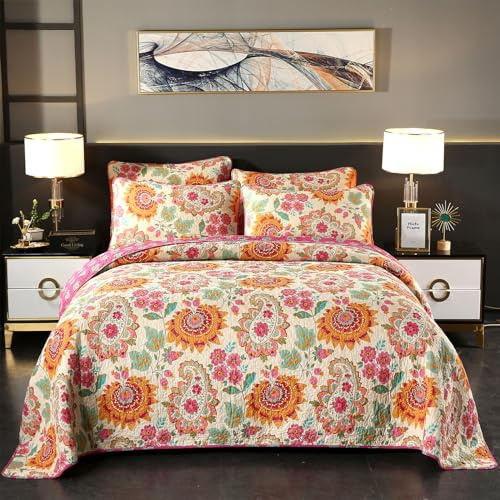 YASMENG 100% Cotton Boho Quilt Set Full Queen Size Gorgeous Paisley Floral Patterned Quilt Bedspread 98x90 Bohemian Vibrant Exotic Ethnic Mandala Coverlet Bedding Set 3 Pieces for All Seasons