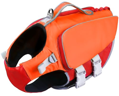 ThinkPet Rettungsweste Hundegeschirr Rettungsweste für kleine mittelgroße Hunde Reflektierende Weste Jacke für hohen Auftrieb Einstellbare Schwimmweste mit Rettungsgriff Groß Orange Rot