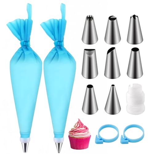 soodyoow Set 13 Spritzbeutel, 8 Tüllen für Spritzbeutel, 2 Spritzbeutel mit Tüllen, Spritzbeutel Set, 1 Adapter, Spritzbeutel Wiederverwendbar, für Dekorieren Von Gebäck, Torten Geeignet, Cupcakes
