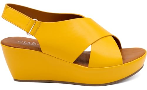 CIARA LONDON Ladies Open Toe Slip On Mid Heel Wedge Hook And Loop Casual Summer Sandals, Yellow, UK 5