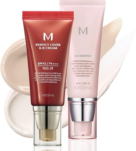 MISSHA BB ESSENTIALS KIT M PERFECT COVER BB CREAM No.21 Light Beige - Light with Cool Undertone/SPF 42 PA+++ 1.69 oz & M BB Boomer 1.35 oz -Lightweight, Multi-Function, High Coverage