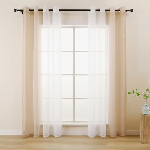 L.Z.E Vorhänge Beige Weiß Farbverlauf, Transparente Gardinen für Wohnzimmer Schlafzimmer Esszimmer, 140 x 175 cm Kurz, 2er Set Voile Gardine Vorhang mit Ösen, Ösenschal Dekorativ Und Leicht
