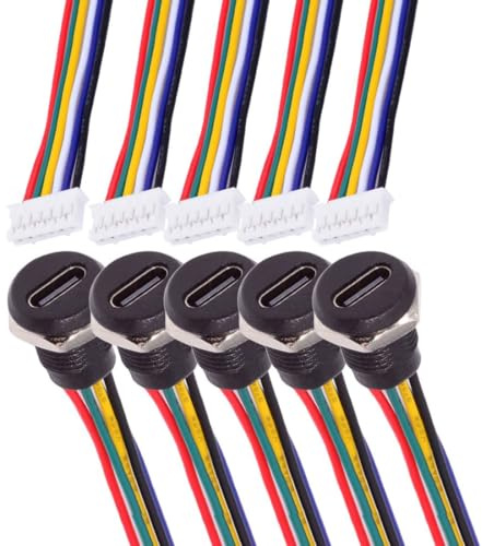 chenyang Paquete de 5 cables de conversión de puerto de carga de alimentación de 2,0 mm de paso de 6 pines a USB C hembra CC 5 V/20 V PD con enchufe de goma impermeable a prueba de polvo