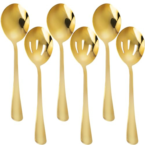 6 Pieces Golden Serving Spoons Set 8.7 Inch, Includes 3 Serving Spoon and 3 Slotted Spoon, Stainless Steel Buffet Banquet Spoons Large
