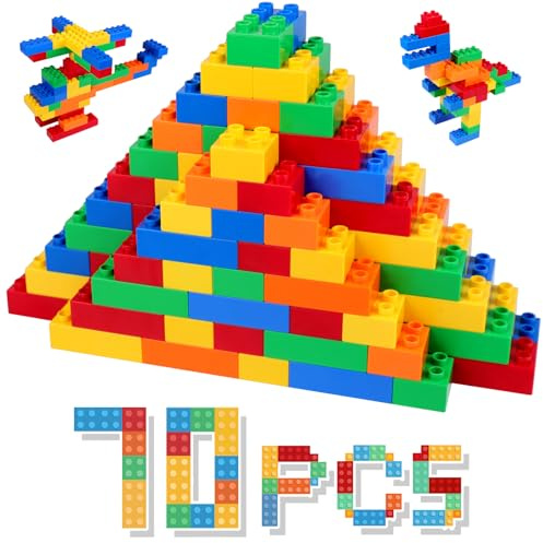 HIUME Mattoncini Costruzioni per Bambini 3 4 5 6 Anni - Set da 70 Blocchi Grandi Compatibili - Building Blocks Educativi - Scatola Inclusa - ABS Sicuro.