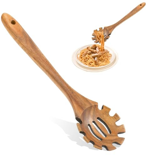 Wooden Pasta Server Spoon with Teeth, 32 cm Length, Spaghetti Fork Strainer
