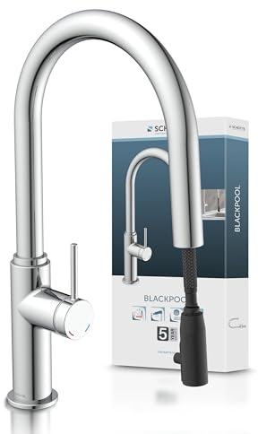 SCHÜTTE 79516 Blackpool Küchenarmatur mit ausziehbarer Geschirrbrause, 360 Grad Wasserhahn für die Küche, Mischbatterie mit Einhebelmischer, Spültischarmatur mit Brause ausziehbar in Chrom