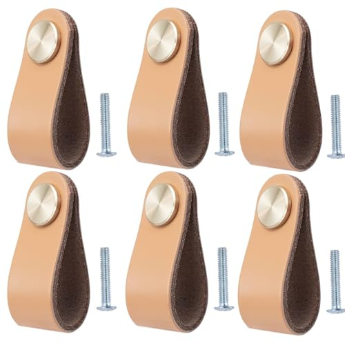 BOOLSFMAM 6 stycken läderhandtag för möbler, 6,4 x 2,5 cm, handgjorda handtag, möbelknoppar, läder, möbelhandtag, lådhandtag, skåpknappar för köksskåp, garderob (ljusgul)